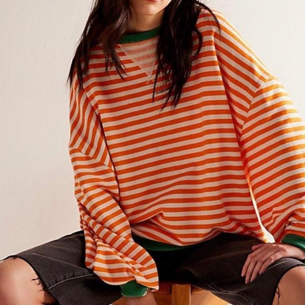 Free People Classic Striped Oversized Crewneck Sweatshirt orange combo XS NWOT